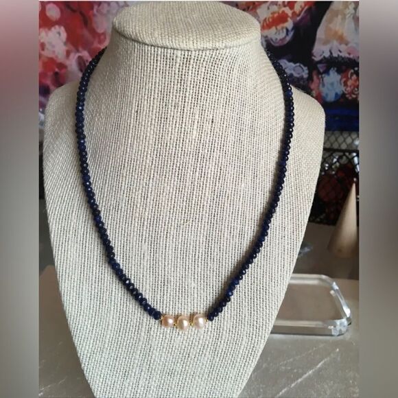 Beaded Blue Sapphire & Pink South Sea Pearl Necklace YGP 14-15g 70-75 Ctw - Picture 2 of 10